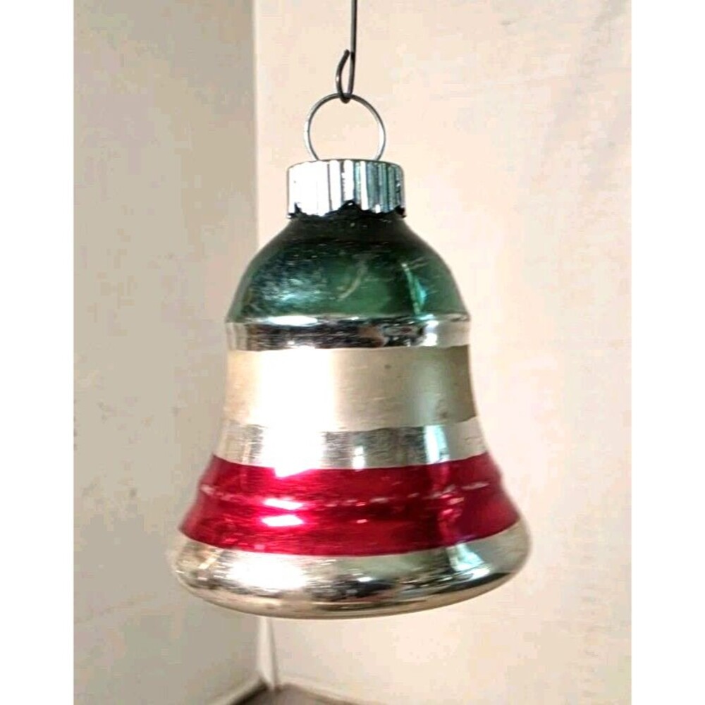 Vintage Shiny Brite Mercury Glass Red and Green Striped Bell ornament 2"